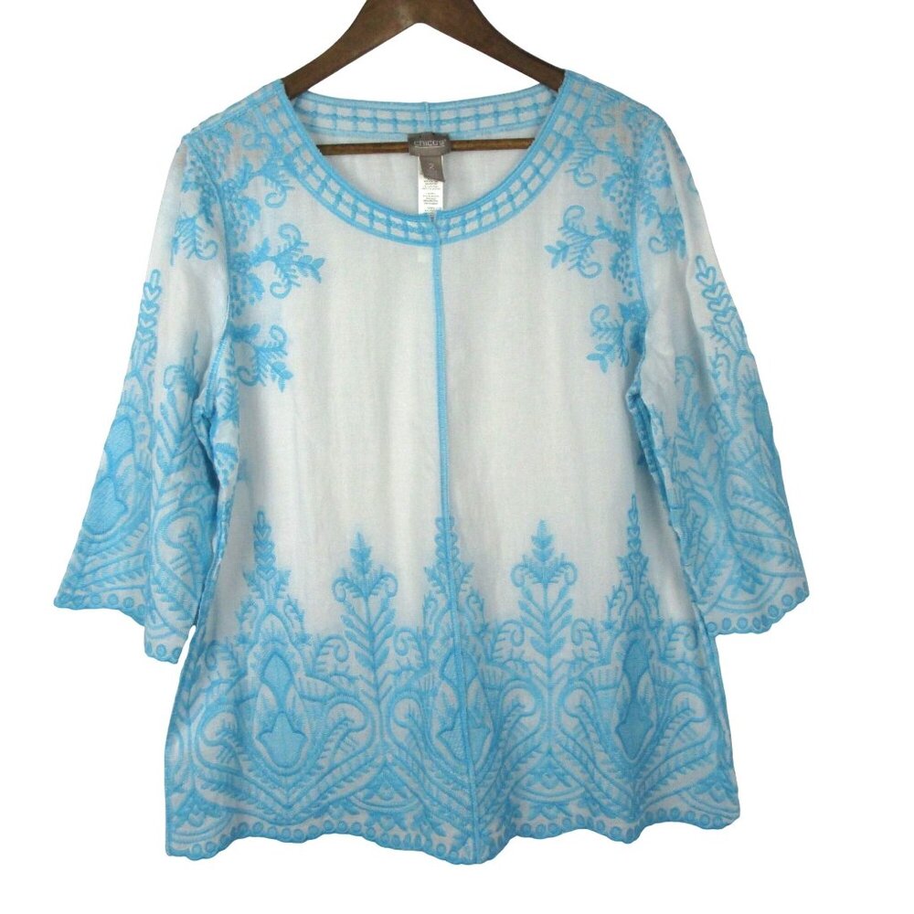 Chico's Embroidered Tunic Top Blouse Women Size L Cotton Blend Coastal Summer